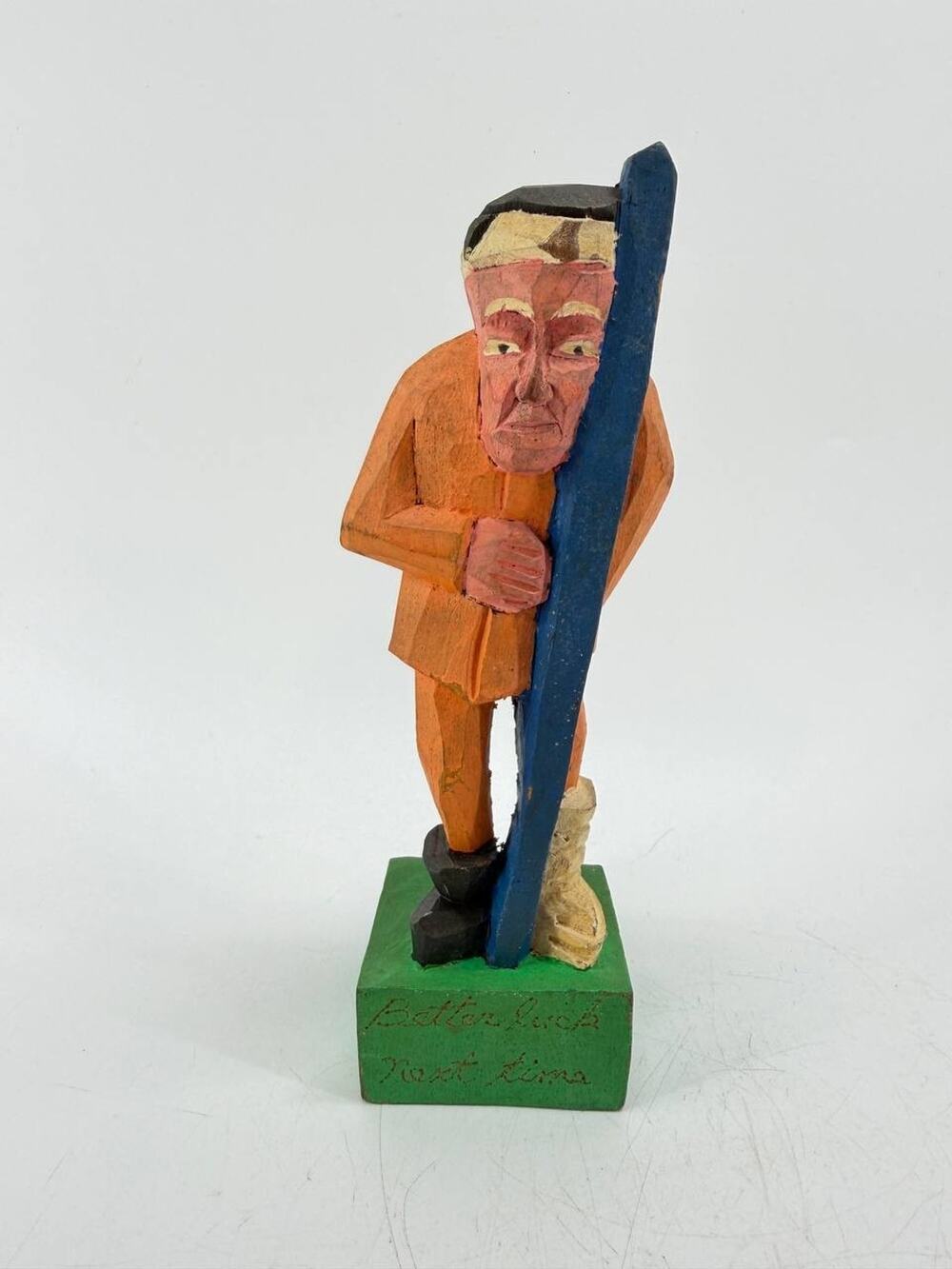 Hand Carved Wooden Folk Art Figure "Better Luck Next Time" Painted Sculpture